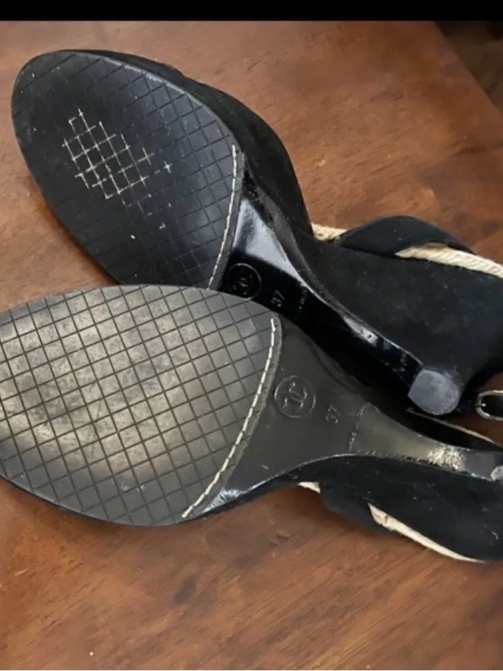 Authentic CHANEL Black Camellia Espadrille Slingback Sandals 37